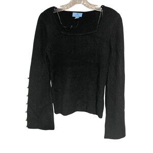 CeCe Black Ribbed Long Bell Sleeve Sweater Womens M Gold Button Sleeve Detail
